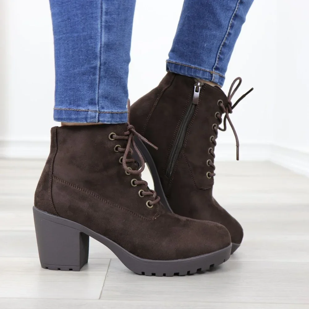 Brown Faux Suede Lace-Up Lug Chunky Block High Heel Ankle Boots - Picture 2 of 12